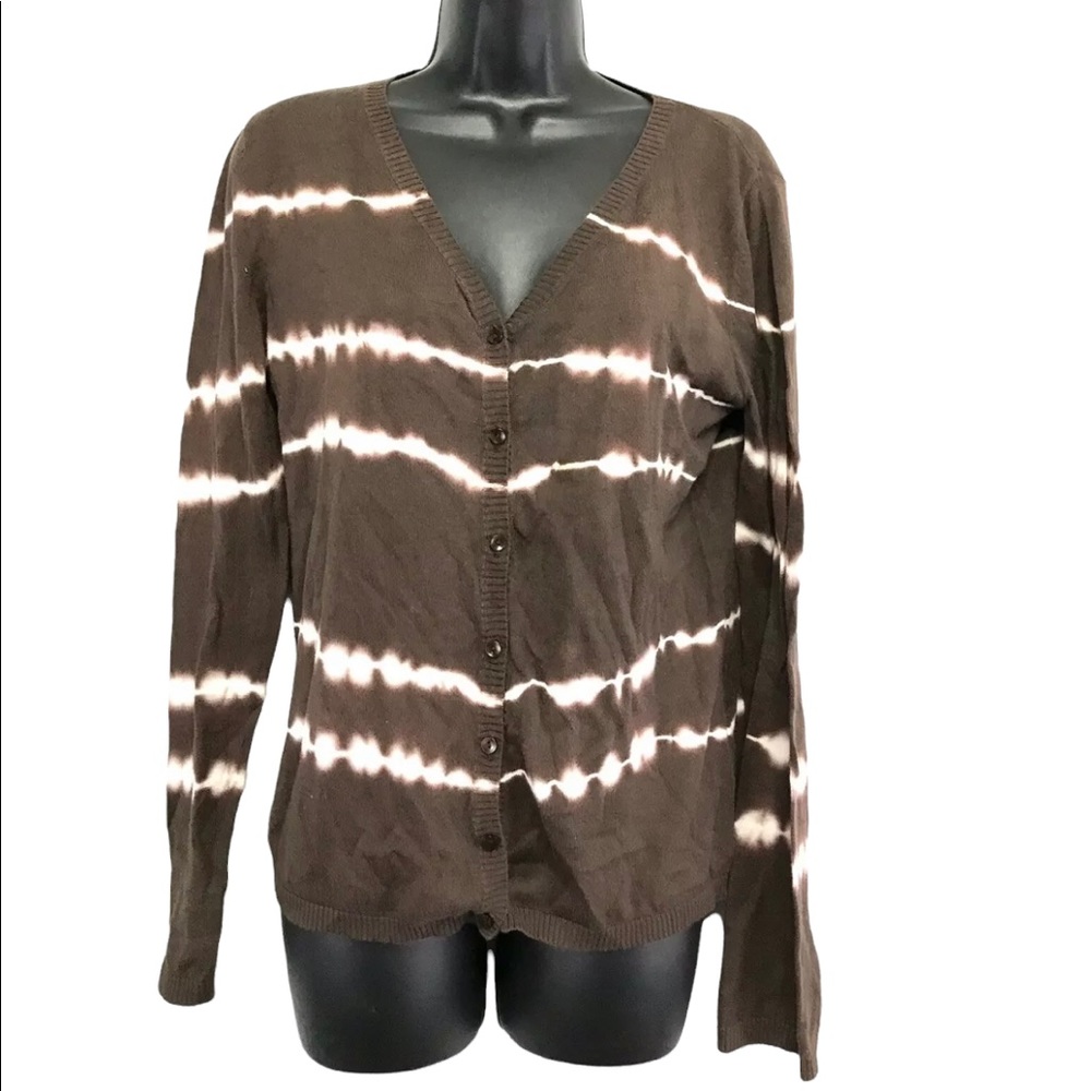 Tie Dye 100% Cotton Cardi Lightweight Knit sweater Brown White Cardigan M